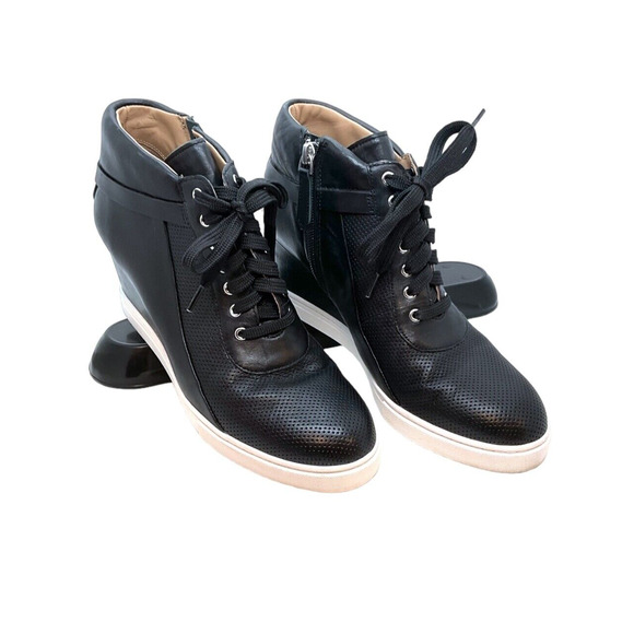 LINEA PAOLO BOOTIES 8.5 M Black Hidden Wedge Sneaker Zip Lace Up Street Style - Picture 1 of 15